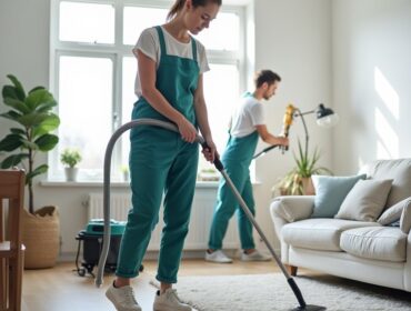 Home cleaning service vacuuming carpet in living room.