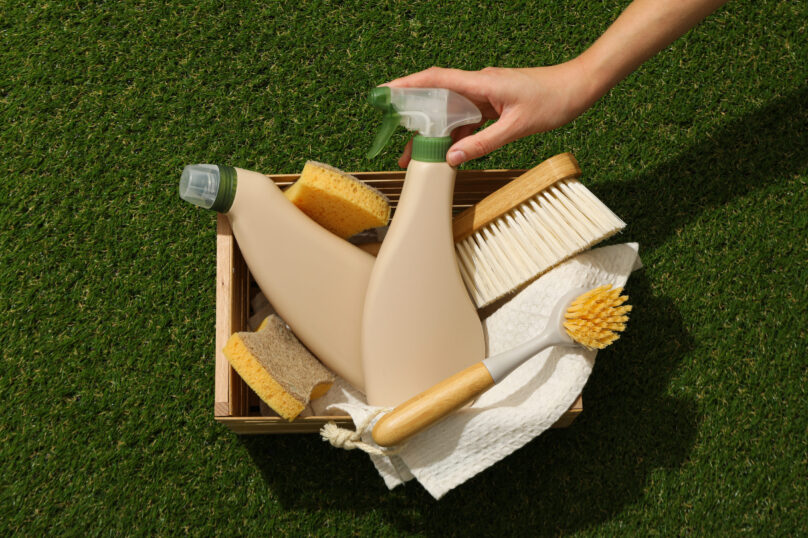 Basket with detergents, cleaning tools and hand on green background, top view