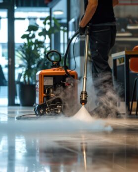 A person operating a steam machine on a tiled floor, possibly for cleaning or maintenance purposes.