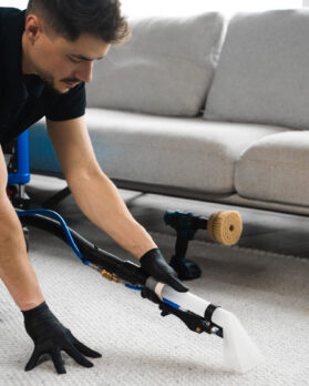 Smearing detergent deep into fibers to clean carpet with drill and brush. Cleaning the carpet at home using drill and brush. Easy removal of stains on carpet with drill and brush